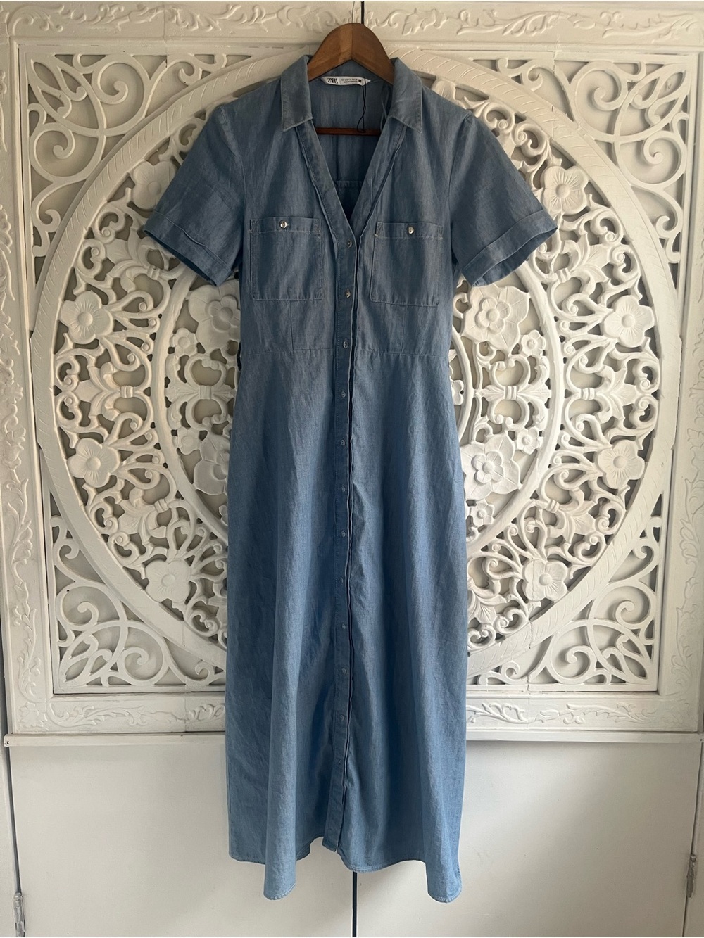 Zara Blue Chambray Cotton Midi Shirt Dress Button Front Utility Size Small